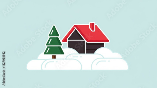 Charming winter cabin scene with snow and evergreen tree, perfect for holiday greetings or cozy designs, originally designed as a scalable graphic
