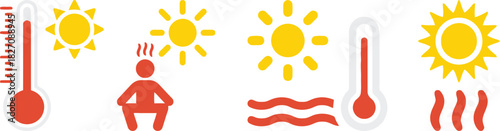 weather, sun, thermometer, heat, temperature, hot, summer, climate, forecast, symbol, icon, red, yellow, white background, heatwave, high temperature, measurement, atmospheric, condition, sunshine, wa