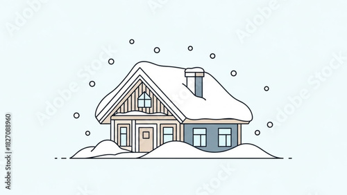 Charming snow covered cottage, an inviting winter escape with cozy vibes, perfect for holiday greetings, seasonal designs, and capturing the magic of winter
