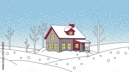Cozy winter scene with snow covered house and trees, perfect for holiday cards and festive designs, originally a vector for scalable holiday cheer
