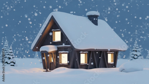 Cozy winter cabin scene evokes feelings of holiday cheer and peaceful retreat, perfect for seasonal promotions and heartwarming greeting cards, originally vector