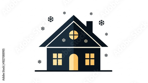 Charming winter home with snowflakes falling, a cozy invitation to seasonal joy and family warmth, perfect for holiday greetings and real estate promotions