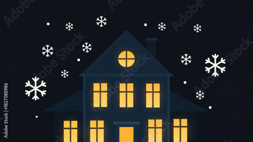 Charming winter scene of a cozy house with warmly lit windows as snowflakes fall, ideal for holiday greetings and festive designs, originally a scalable graphic