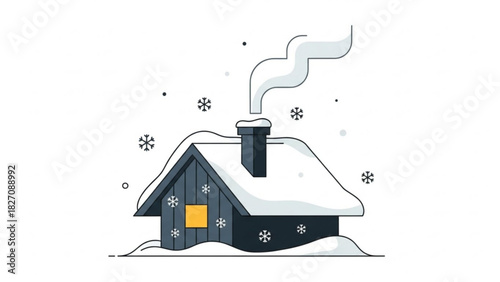 Cozy winter cabin scene with snow-covered roof and snowflakes falling, smoke rising from chimney, creating a festive and cheerful holiday ambiance