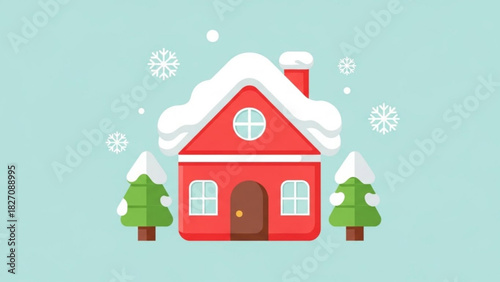 Charming winter home scene with snowy roof and trees, perfect for holidays and seasonal greetings, originally a scalable vector graphic