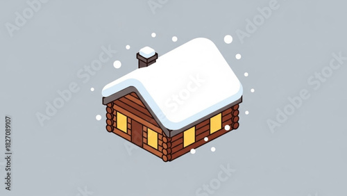 Cozy snow covered log cabin illustration evokes winter holidays and comforting warmth, perfect for seasonal designs and festive campaigns
