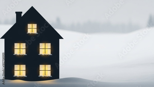 Cozy home glows warmly against a snowy winter landscape, inviting and serene holiday scene, perfect for seasonal greetings and winter promotions