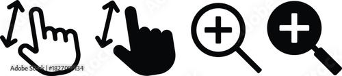 gesture, zoom, pinch, swipe, touch, finger, hand, magnifying glass, plus sign, zoom in, enlarge, expand, scale, interface, control, interaction, digital, mobile, app, icon, symbol, graphic, illustrati