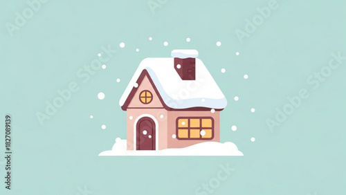 Charming winter cottage nestled under snow, a cozy scene evoking holiday warmth and nostalgic winter memories, perfect for seasonal greetings and designs