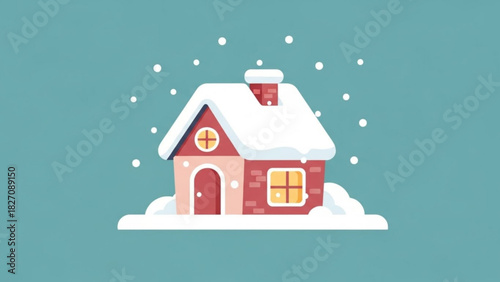 Charming winter cottage illustration with falling snowflakes, perfect for holiday greetings, seasonal designs, and cozy home decor themes