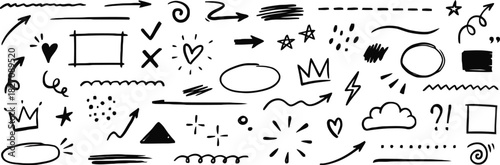doodle, hand drawn, sketch, drawing, black and white, arrows, hearts, stars, crowns, check mark, cross, circle, square, lines, dots, lightning bolt, cloud, question mark, exclamation mark, scribble, w