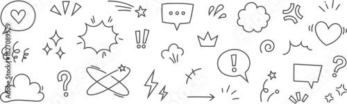 doodle, icon, symbol, hand drawn, sketch, drawing, outline, graphic, design, element, speech bubble, heart, star, lightning, question mark, crown, explosion, cloud, swirl, arrow, exclamation mark, cel