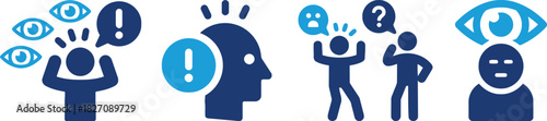 human, figure, icon, symbol, eyes, observing, watching, speech, bubble, exclamation, mark, question, confusion, stress, anxiety, attention, scrutiny, surveillance, communication, alert, warning, infor