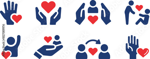 care, love, icons, heart, hands, people, giving, support, kindness, compassion, charity, donation, help, connection, relationship, family, community, empathy, sharing, blue, red, white background