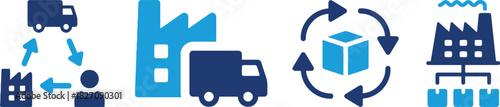 logistics, supply chain, icons, factory, truck, delivery, box, cube, arrows, cycle, process, distribution, manufacturing, transport, warehouse, goods, shipping, movement, industry, business, cargo, ne