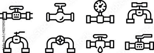 pipe, valve, industrial, icon, set, water, gas, plumbing, connection, flow, control, shutoff, tap, supply, infrastructure, engineering, utility, line art, outline, drawing, graphic, design, vector, ga