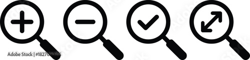 magnifying glass, zoom, plus, minus, checkmark, arrows, expand, contract, search, find, view, detail, icon, symbol, graphic, illustration, black, white background
