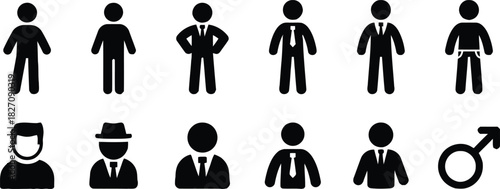 male, silhouette, icon, person, man, businessman, suit, tie, hat, formal, attire, professional, figure, graphic, illustration, black, white background, business, career, office, worker, employee, gend