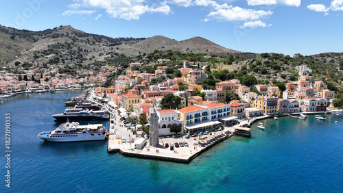 Wallpaper Mural Aerial drone photo of picturesque seaside main town and port of Yialos of Symi island with colorful neoclassical houses and traditional character, Dodecanese, Greece Torontodigital.ca