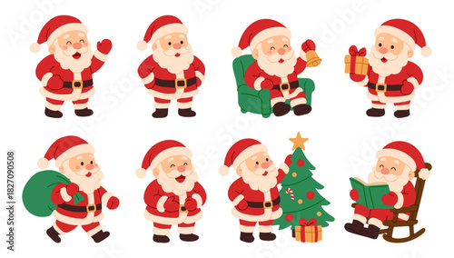 A series of cartoon images of Santa Claus in various poses, including one holding a book and a bag