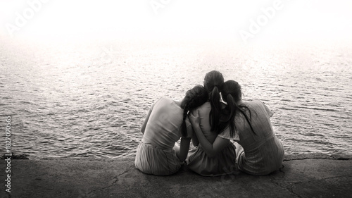 Sad rural adult family behind rear view hand arm funny love travel life light sky text space. Glad joy lady mom trust chat fun child kid look peace morn sea camp even sunset city dock water quay scene