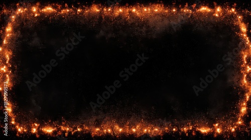 The image features a dramatic, fiery border made of bright sparks and flames, set against a dark, almost black background, creating a sense of intensity and power.