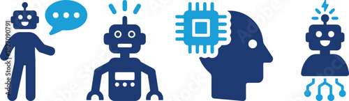robot, ai, artificial intelligence, technology, human head, chip, processor, communication, speech bubble, bot, android, digital, concept, icon, symbol, blue, white background, innovation, future, mac