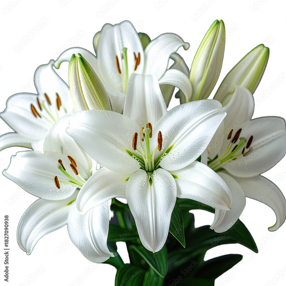 Fototapeta premium A striking close-up bouquet of pure white Oriental lilies with unopened buds against a deep black background.