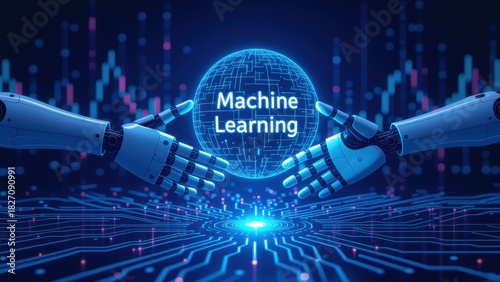 Robot hands holding glowing 'Machine Learning' sphere