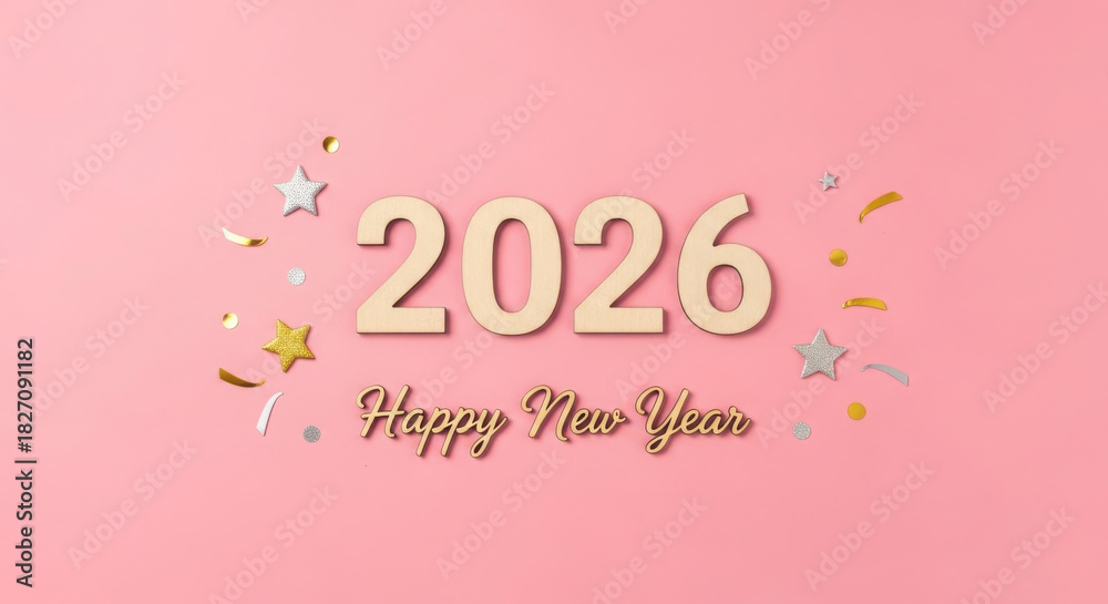 Naklejka premium Happy New Year 2026 Celebration with Confetti and Stars on Pink Background
