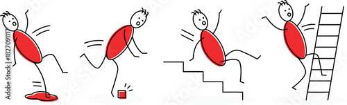 stick figure, accident, fall, slip, stairs, ladder, danger, hazard, warning, injury, cartoon, illustration, red, black, white background, clumsy, mishap, falling, tripping, climbing, risk, safety, ico