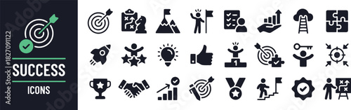 success icons, business icons, goal achievement, strategy, planning, target, dartboard, chess, mountain, flag, checklist, handshake, trophy, medal, rocket, lightbulb, thumbs up, podium, ladder, cloud,