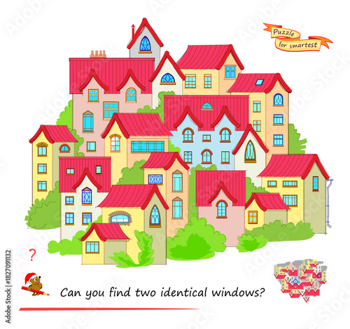 Can you find two identical windows? Game Seek and Find. Logic puzzle for children and adults. Page for kids brain teaser book. Task for attentiveness. IQ test. Hand drawn flat vector illustration.