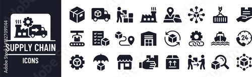 supply chain icons, logistics icons, transportation, delivery, shipping, warehouse, factory, truck, cargo ship, container, box, package, forklift, conveyor belt, map pin, umbrella, handshake, search, 