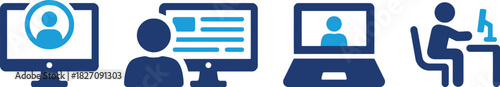 technology, computer, monitor, screen, laptop, online, learning, education, video, call, conference, person, silhouette, desk, microscope, science, icon, symbol, set, collection, graphic, design, blue