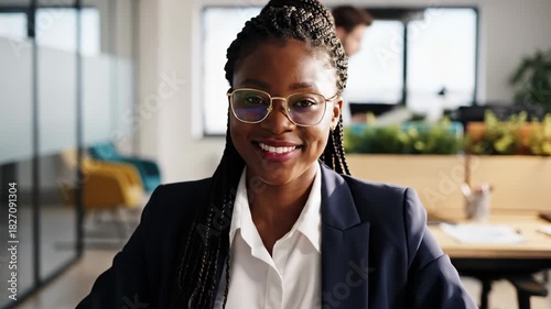 confident african american businesswoman in glasses working on laptop in modern office. professional employee at her desk. corporate career and success concept.