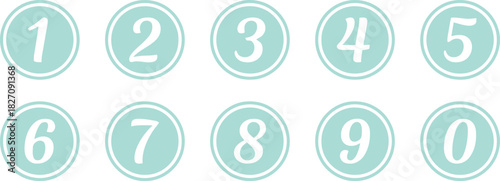one, two, three, four, five, six, seven, eight, nine, zero, numbers, counting, digits, teal, light blue, circle, round, graphic, illustration, symbol, icon, set, collection, clean, simple, white, back