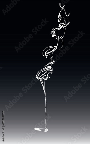 A sketch of a smoking cigarette with a curling smoke lying on the floor against a black background. For your designs.