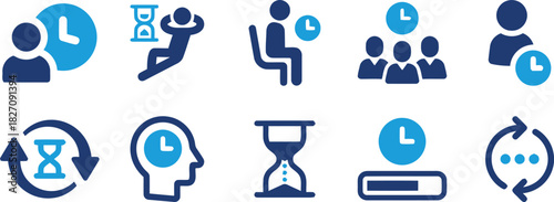 graphic, light, schedule, people, collection, productivity., arrow, [converted], group, bar, thinking, clock, chat, with, management, progress, blue, time, icons, efficiency, waiting, illustration, sy