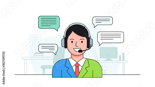 Customer Support Agent with Headset Communicating Through Multiple Chat Bubbles in a Clean Modern Office Illustration