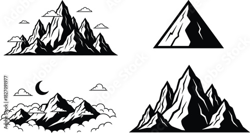 Set of mountain vector illustrations, black and white landscape peaks, rocky nature silhouette, outdoor adventure camping logo design.