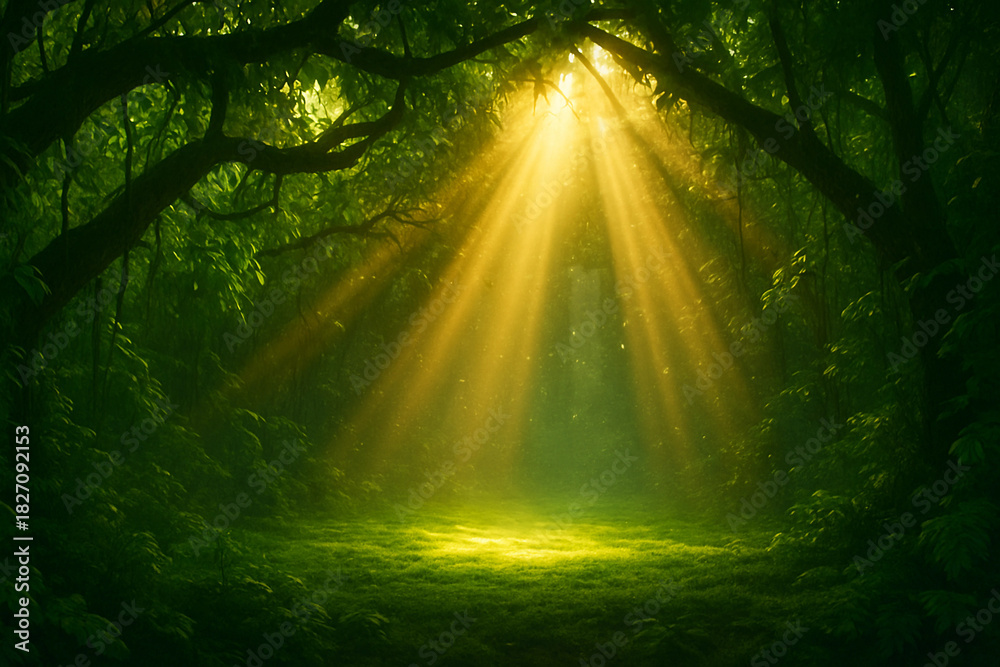 Naklejka premium Golden Sunshaft Jungle Canopy Cinematic Background