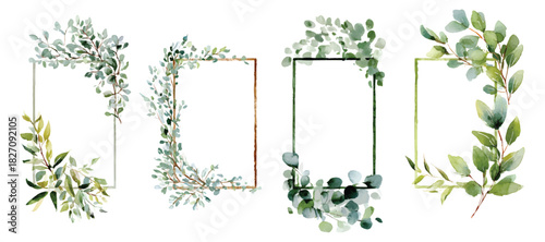Rectangular floral frame border tree branches rustic arch set watercolor isolated on transparent background