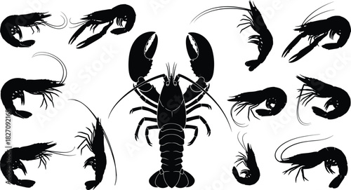 Set of seafood silhouettes, vector lobster and shrimp icons, black crustacean shapes, marine animal collection for restaurant menu.