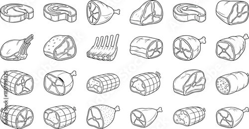 Set of raw meat vector icons, hand drawn beef and pork cuts, butcher shop steak and ham line art illustration.