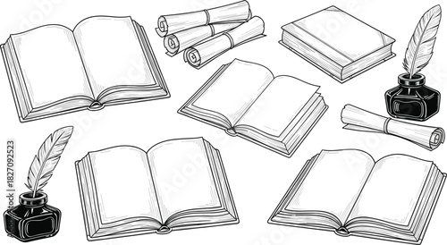 Set of vintage hand drawn books, open pages, paper scrolls, and feather quill pen in inkwell, black engraving sketch style.