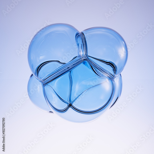 Bubble cluster with interconnected structures. Abstract blue glass molecule model, symbolizing science, technology, innovation in cosmetic beauty products. 3d rendering