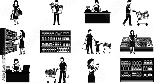 Supermarket shopping icon set, silhouette people with grocery cart, cashier counter, bags, and store shelves vector illustration.