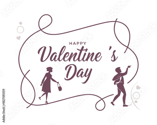 Happy Valentines Day Celebration with Elegant Couple Silhouettes on a White Background Vector Illustration for Greeting Card or Romantic Design