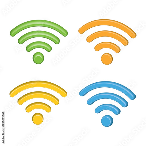 3D WiFi glossy signal icons set in various colors. Modern wireless internet connection symbols for network, communication, hotspot, and technology design. Trendy vector illustration, EPS 10.